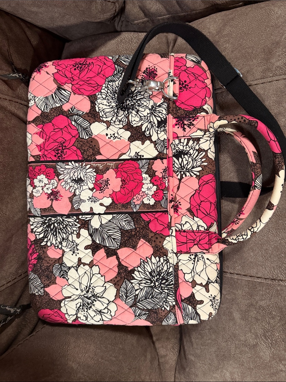 Vera Bradley Pink, Brown and Cream Floral Quilted Laptop Tote